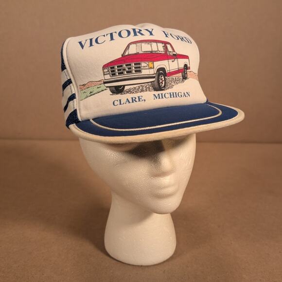 Vintage 80s Victory Ford F150 Pickup Trucker Hat Snapback Cap Blue White Mesh - Picture 4 of 7